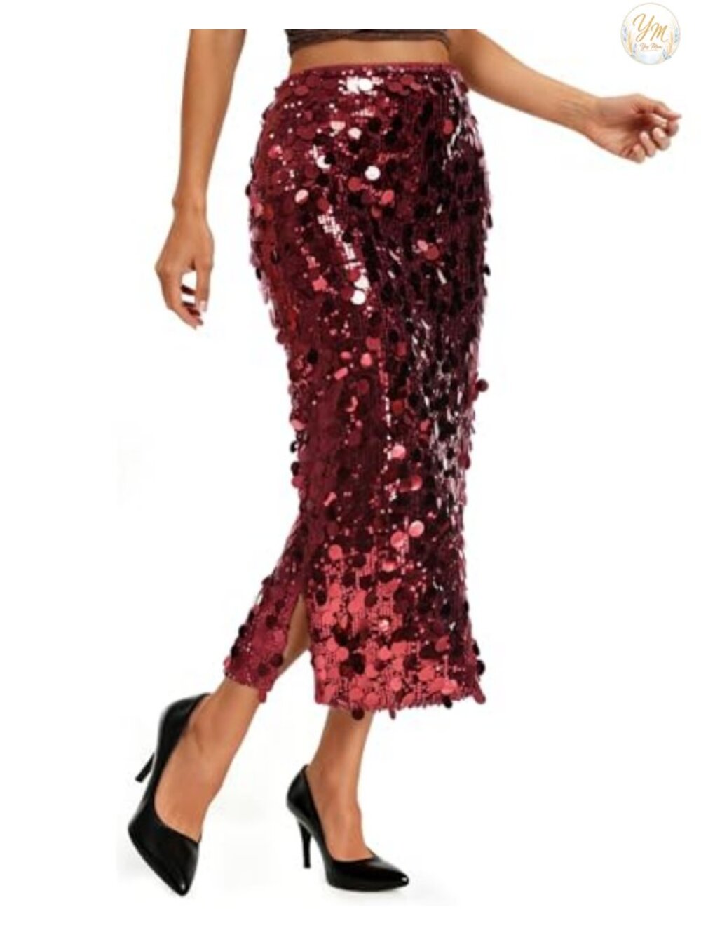Sequin Midi Skirt High Waist Side Slit Stretchy Sparkle Party